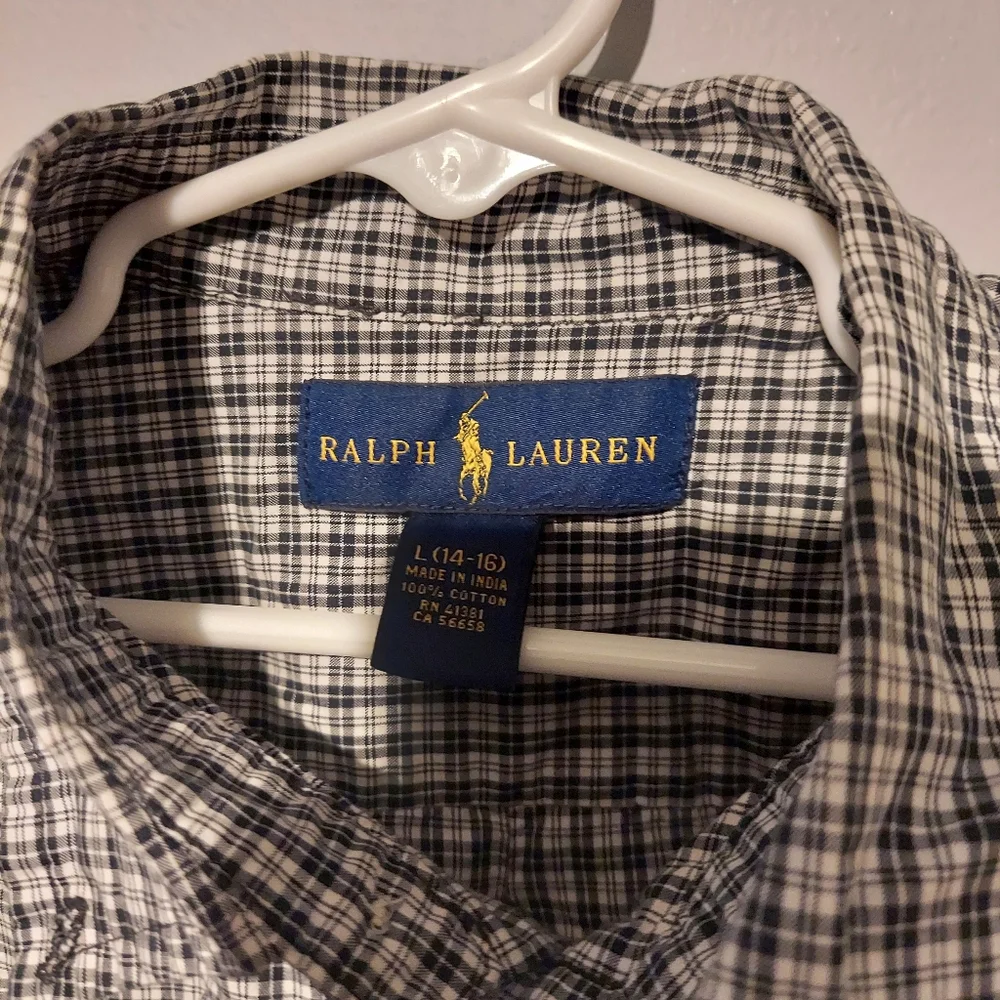 Ralph Lauren Boy's Plaid Shirt Large 14-16 Black Long Sleeve Button Down Preppy